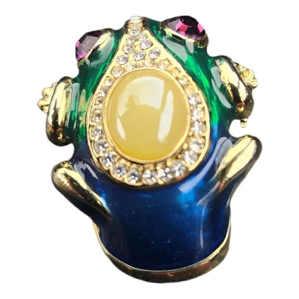 Vintage Frog Brooch Enamel Faux Pearl Crystals Green Gold Red Beads Frog Pin 🐸